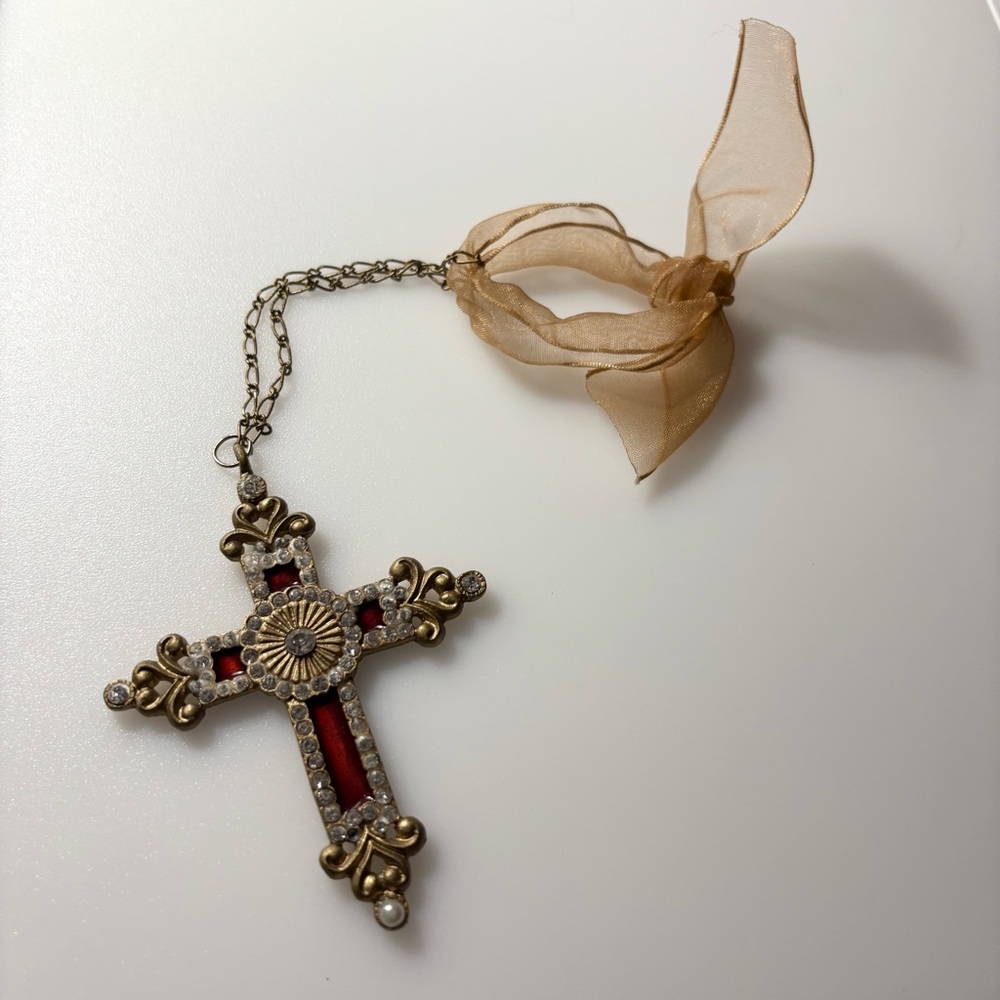 Decorative Ornate Gold Tone Clear Rhinestone Red Enamel Ornament Cross